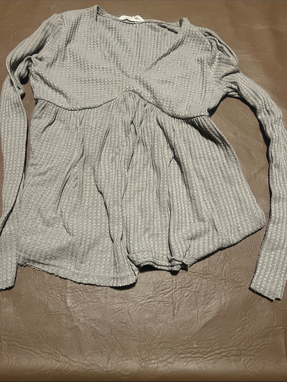 Waffle Knit Long-Sleeve Babydoll Top - Gray